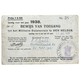 Original Pre 1940 Dutch army entrance card Military Dune terrain Den Helder