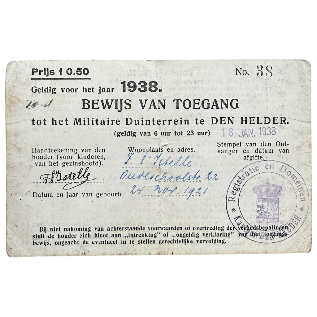 Original Pre 1940 Dutch army entrance card Military Dune terrain Den Helder