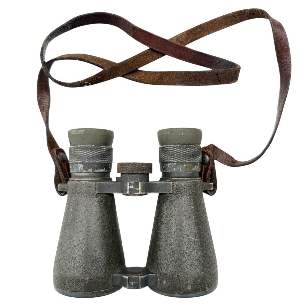 Original German WWI Carl Zeiss Jena Fernglas 08 military binoculars, Model 1908 field glasses used by German officers and artillery observers during World War One, antique military optics with leather strap and rough grey-green finish, rare collectible for WWI militaria and optical instrument collectors.