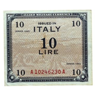Original 1943 Allied Military Currency 10 Lire banknote issued in Italy during World War II. Authentic WWII Allied occupation money, ideal for Italian campaign and military collectors of World War Two memorabilia.