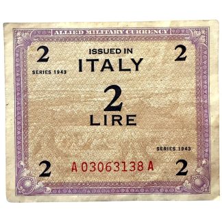 Original WWII Allied 2 Lire banknote for Italy