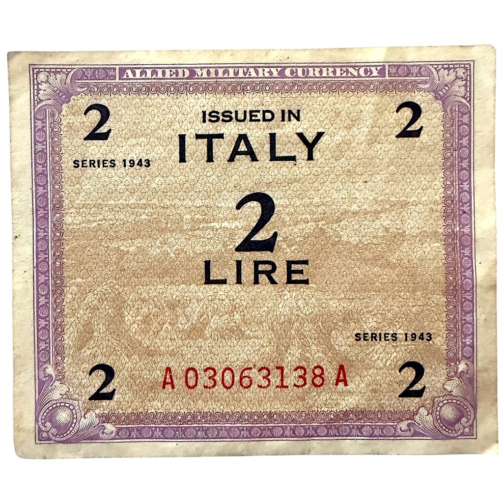 Original WWII Allied 2 Lire banknote for Italy