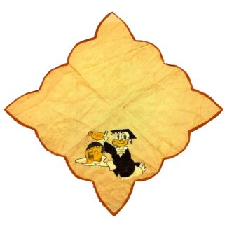 Rare British WWII Anti-Axis handkerchief featuring hand-painted Donald Duck RAF caricature of Hitler. Unique propaganda collectible for militaria fans!