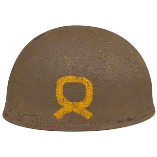 Original British WWII Dispatch Rider helmet 1944, manufactured by BMB for Royal Naval Volunteer Reserve (RNVR) Sub-Lieutenant, featuring hand-painted yellow unit insignia in gas detection paint, rough khaki sand texture, rare wartime motorcycle helmet collectible found in Nijmegen.