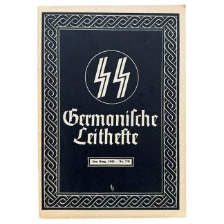 Original 1942 WWII Dutch SS Germanische Leithefte propaganda brochure, issued in The Hague by the SS-Hauptamt, featuring black cover with SS runes and decorative border – rare Waffen-SS publication for collectors of World War II and collaboration memorabilia.