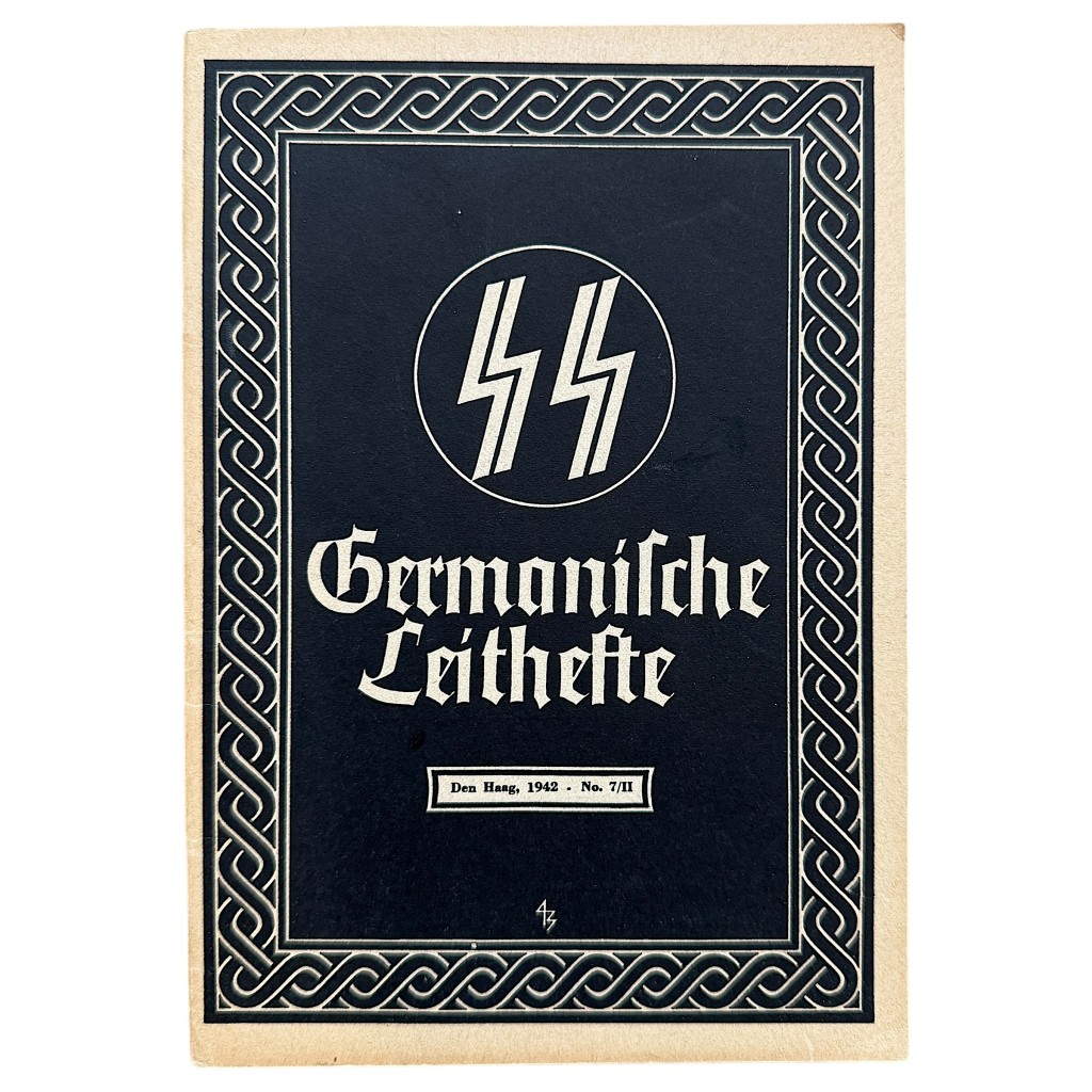 Original 1942 WWII Dutch SS Germanische Leithefte propaganda brochure, issued in The Hague by the SS-Hauptamt, featuring black cover with SS runes and decorative border – rare Waffen-SS publication for collectors of World War II and collaboration memorabilia.