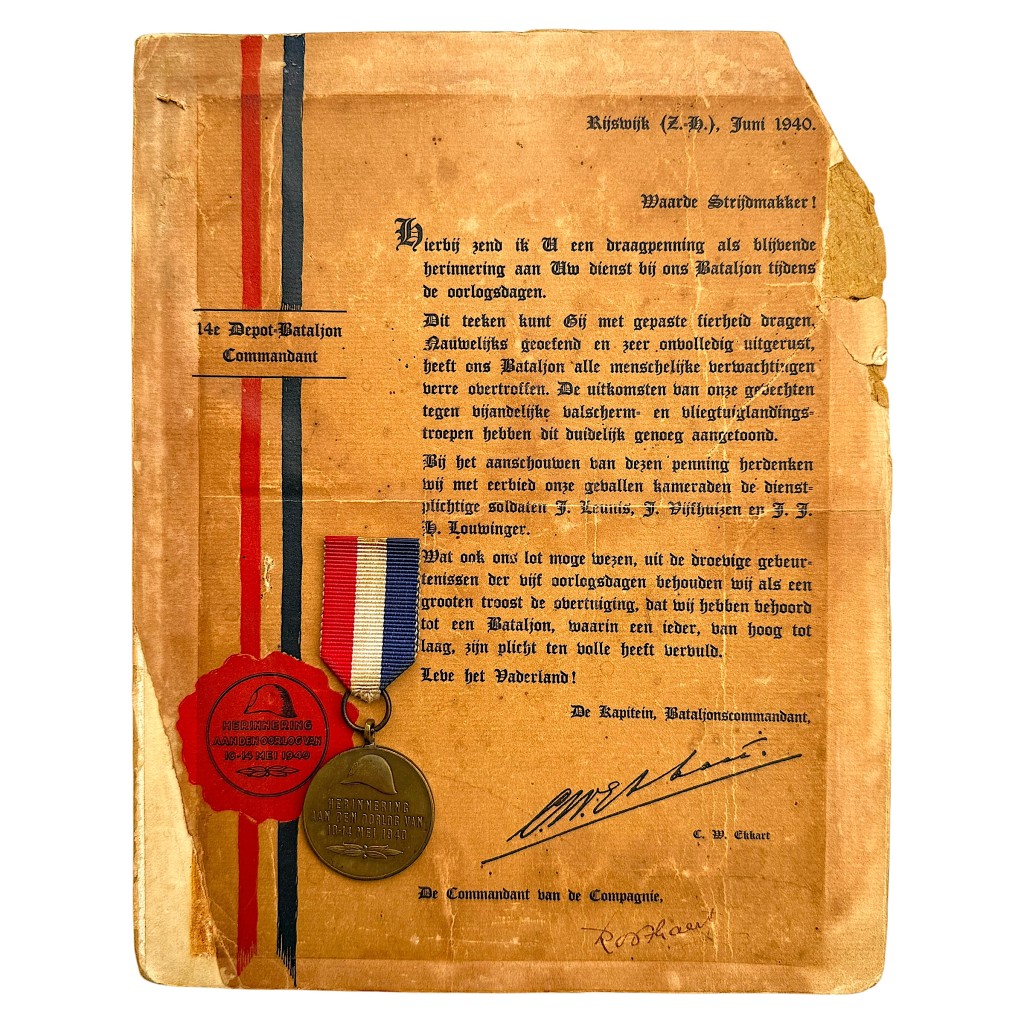 Original WWII Dutch army 'Herinnering aan den oorlog van 10–14 mei 1940' medal with citation