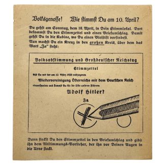 Original 1938 World War II propaganda flyer from the Austria–German Reich referendum, historic Nazi-era voting leaflet sought by WWII propaganda collectors.
