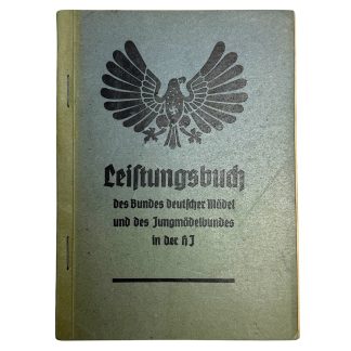 Original WWII German BDM Leistungsbuch from Hamburg-Bergedorf, Bund Deutscher Mädel and Jungmädelbund performance book with eagle emblem on the cover. Authentic World War Two document for BDM collectors.
