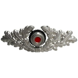 Original WWII German Forestry metal visor cap cockade with silver oak leaf wreath and red enamel center, authentic World War Two military insignia for German uniform collectors.