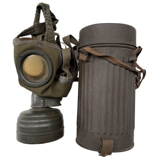 Original WWII German Luftschutz gas mask set by Dräger with metal carrying canister and canvas straps, early 1937 model in very good condition, authentic World War Two German civilian defense respirator collectible for militaria collectors.