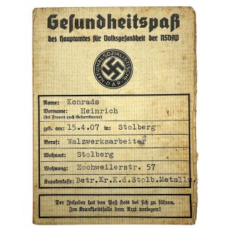 Original WWII German NSDAP Gesundheitspass from Stolberg