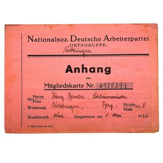 Original WWII German NSDAP membership card supplement (Anhang) Völklingen