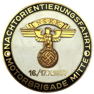 Original 1937 NSKK plaque – National Socialist Motor Corps commemorative badge for the Nachtorientierungsfahrt Motorbrigade Mitte, October 16–17, 1937. Features gilt NSKK eagle and swastika emblem on white enamel background with deep blue lettering. Authentic pre-WWII German Third Reich NSKK memorabilia, ideal for militaria and historical vehicle collectors.