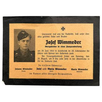 Original WWII German Panzer death card June 1944 Normandy