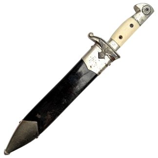 Original WWII German TeNo (Technische Nothilfe) enlisted men’s hewer dagger with scabbard, Eickhorn Solingen marked blade, nickel-silver fittings, ivory grip plates, eagle and cogwheel emblem – rare Third Reich German dagger collectible for militaria and edged weapon collectors.