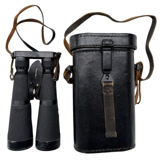 Original WWII German military binoculars Dienstglas 7x56 with black Pressstoff case, marked bmj 1942 by Hensoldt & Söhne Wetzlar. Authentic World War II optics collectible for militaria and field gear collectors.