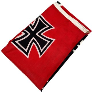 Large original World War II German Reichskriegsflagge (335 x 200 cm), double-sided printed with period military design and “TYSK FL. 4D” Danish occupation marking; aged textile with wear, suitable for militaria and WWII historical collections.