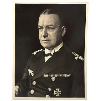 Original WWII German portrait photograph of Grand Admiral Erich Raeder, senior Kriegsmarine officer, wearing naval uniform with Iron Cross and medals. Authentic World War Two German photo collectible for militaria and Kriegsmarine collectors.
