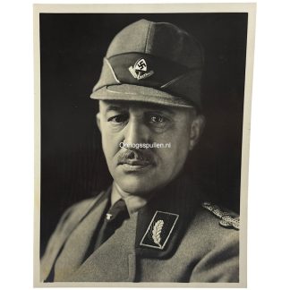 Original WWII German portrait photograph of Konstantin Hierl, senior Nazi official and leader of the Reich Labour Service (RAD), wearing uniform and cap with insignia. Authentic World War Two German photo collectible for militaria and Third Reich collectors.