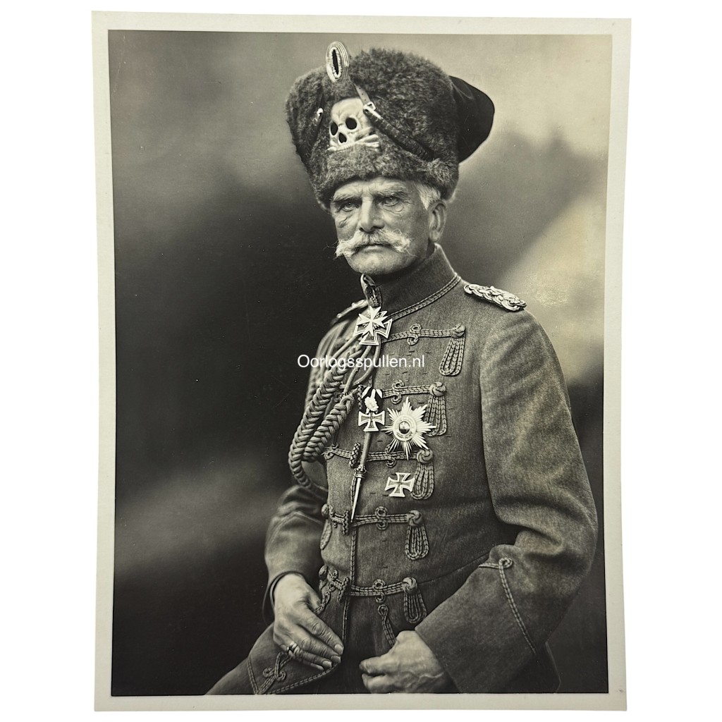 Original WWII German portrait photograph of Field Marshal August von Mackensen, wearing traditional hussar uniform with medals and Totenkopf fur hat. Authentic World War One and Two German photo collectible for militaria and Imperial German history collectors.