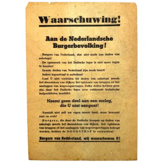 Origineel Duits propaganda strooibiljet uit mei 1940 – Tweede Wereldoorlog Nederland – Waarschuwing aan de Nederlandse bevolking tegen sabotage, verspreid door Duitse bezettingsmacht – Zeldzaam WOII verzamelobject voor militair-historische collectie en propaganda documentatie.