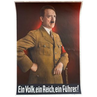 Original World War II German propaganda poster featuring Adolf Hitler in uniform against a red background, with the slogan “Ein Volk, ein Reich, ein Führer!” printed by Carl Werner Reichenbach i.V. — rare collectible WWII militaria poster for historical and propaganda art collectors.