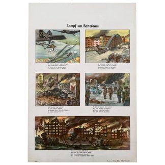 Originele Duitse propaganda poster uit 1940 met de titel “Kampf um Rotterdam”. Tweede Wereldoorlog affiche met zes gekleurde illustraties van de gevechten en verwoesting van Rotterdam tijdens de Duitse aanval in mei 1940. Gedrukt door Druk und Verlag Scherl, Berlin. Zeldzame historische WOII poster in goede conditie, ideaal voor verzamelaars van militaire en oorlogsposters.