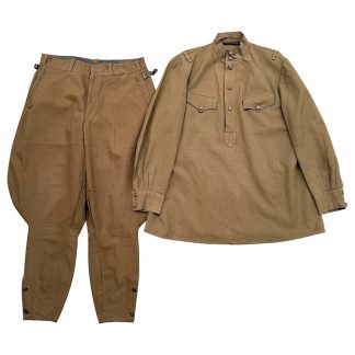 Original Soviet M43 Gymnasterka WWII uniform set made from U.S. Lend-Lease fabric, including M43 tunic and sharovary trousers; used condition, ideal for Soviet Red Army and Russian World War II militaria collectors.