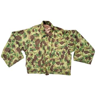 Original WWII USMC Frogskin camouflage jacket, reversible HBT uniform top used by United States Marine Corps in Pacific Theater. Authentic World War II US military camouflage collectible for militaria and uniform collectors.