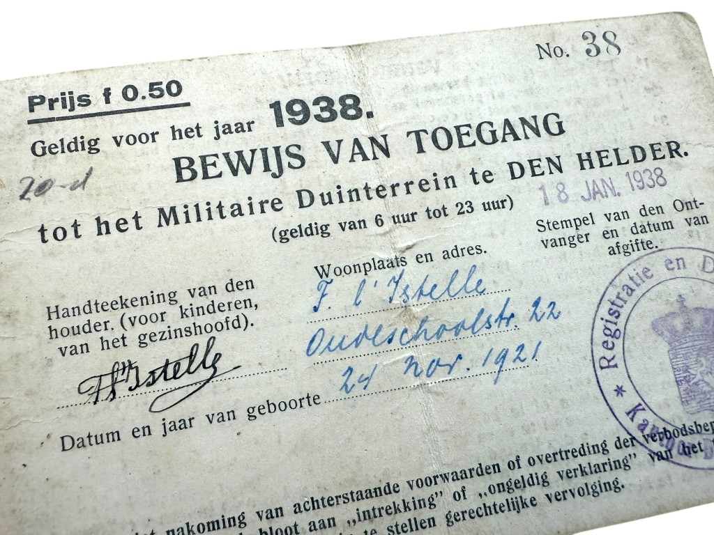 Original Pre 1940 Dutch army entrance card Military Dune terrain Den Helder