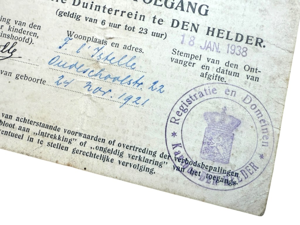 Original Pre 1940 Dutch army entrance card Military Dune terrain Den Helder