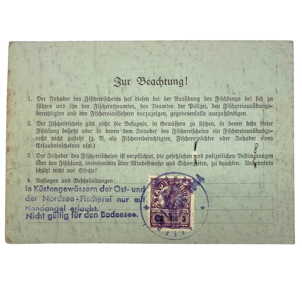 Original WWII German 'Jahresfischereischein' card Trier 1944