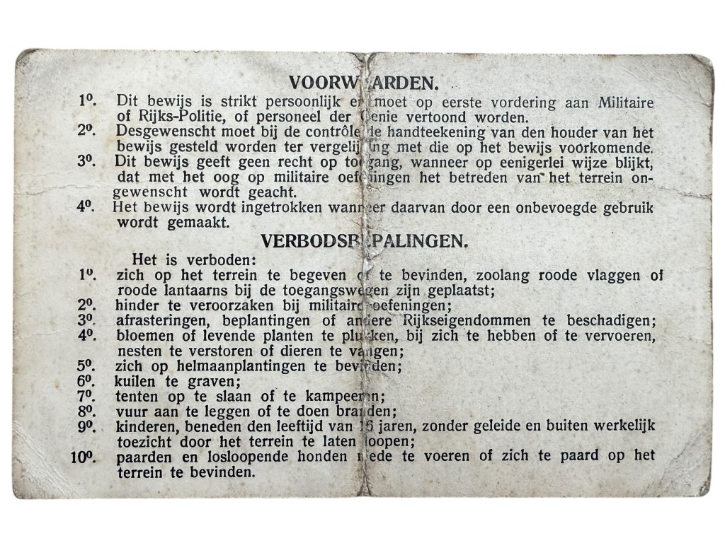 Original Pre 1940 Dutch army entrance card Military Dune terrain Den Helder