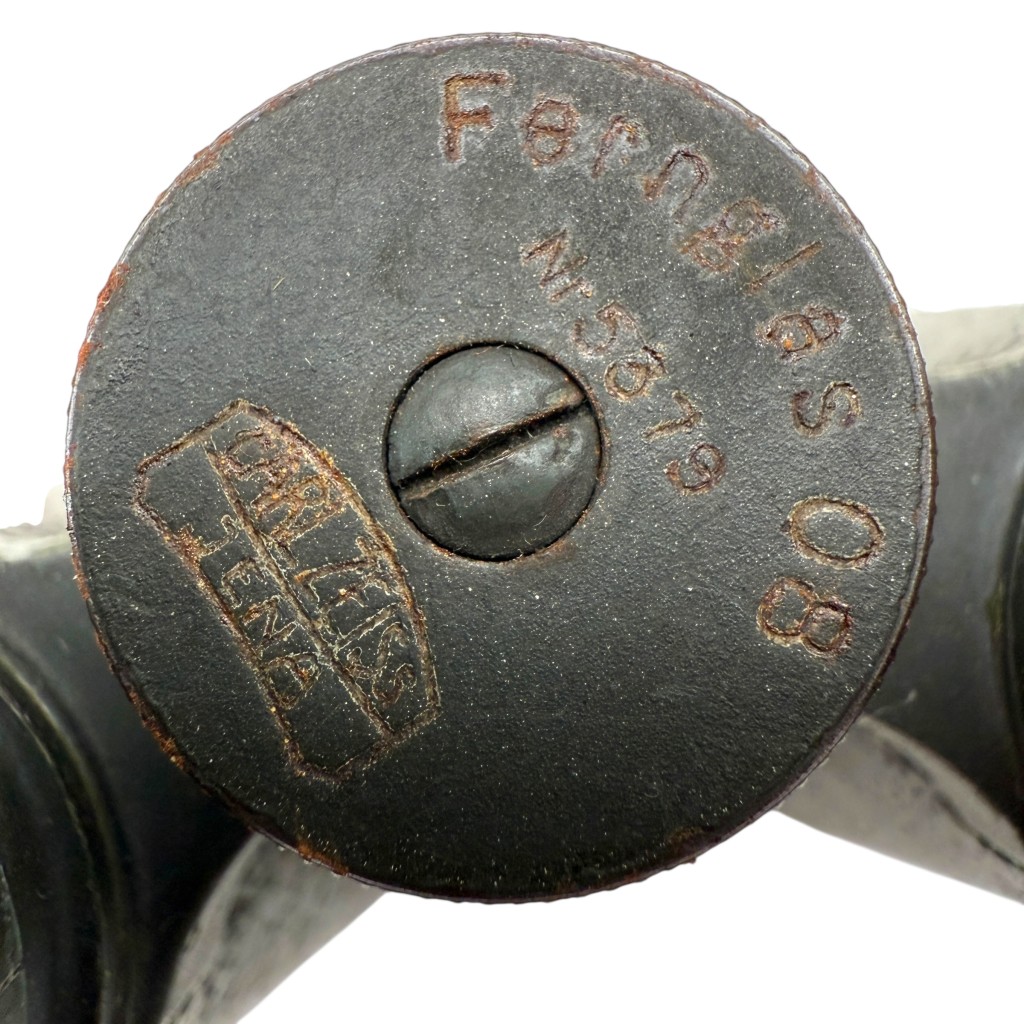 Original German WWI Carl Zeiss Jena Fernglas 08 military binoculars, Model 1908 field glasses used by German officers and artillery observers during World War One, antique military optics with leather strap and rough grey-green finish, rare collectible for WWI militaria and optical instrument collectors.