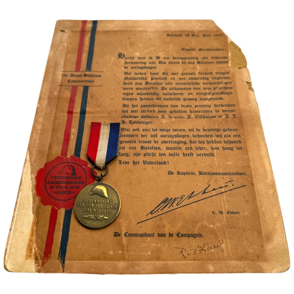 Original WWII Dutch army 'Herinnering aan den oorlog van 10–14 mei 1940' medal with citation