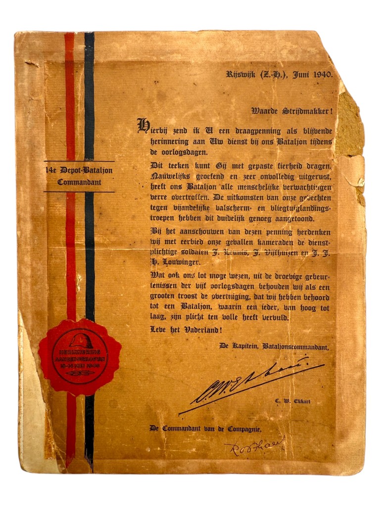 Original WWII Dutch army 'Herinnering aan den oorlog van 10–14 mei 1940' medal with citation - Image 10