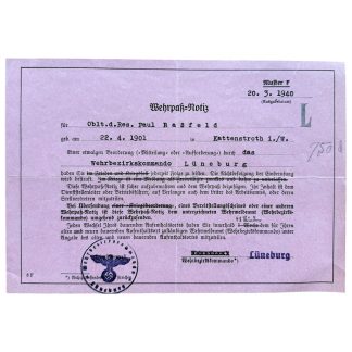 Original Wehrpaß-Notiz Lüneburg 1940 für Oberleutnant der Reserve Paul Rassfeld aus Kattenstroth. Deutsches Wehrmacht Dokument Zweiter Weltkrieg mit Reichsadler Stempel und handschriftlichen Einträgen. Historisches Militärdokument für Militaria Sammler, Wehrmacht Papiere und Wehrbezirkskommando Lüneburg.
