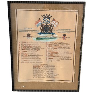 Volledige afbeelding van ingelijste oorkonde van de Nederlandse onderzeeboot O 22, gedateerd 20 januari 1940, met rymdicht en kalligrafie; waardevol item voor marine- en WOII-verzamelaars.