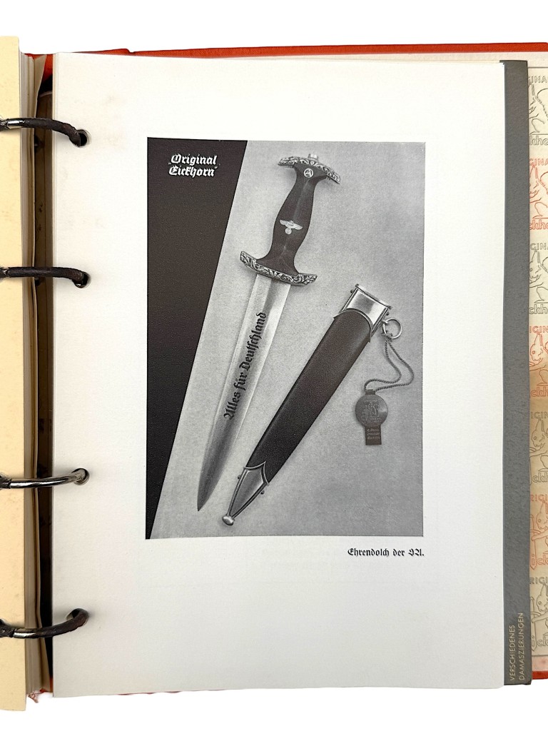 Original WWII Eickhorn Kundendienst catalogue page showing a Solingen-made SA dagger with scabbard, valuable reference material for World War II dagger collectors.