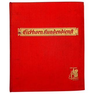Red WWII Eickhorn Kundendienst service binder with gold lettering, original Solingen reference book sought after by collectors of German WWII daggers and edged weapons.