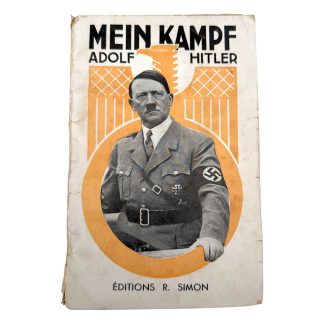 Rare 1930s French edition of Mein Kampf by Éditions R. Simon, with aged cover and historical commentary by L. Claudel; collectible World War II–era research book.