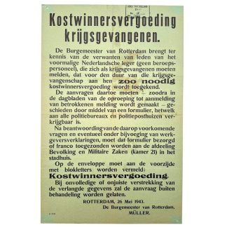 Nederlandse WOII-bekendmakingsposter uit 1943 over kostwinnersvergoeding voor krijgsgevangenen, historisch bezettingsdocument voor verzamelaars.