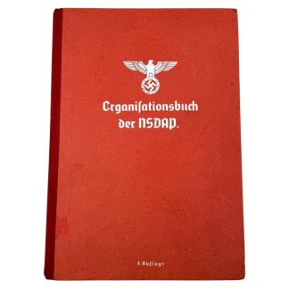Original 1943 “Organisationsbuch der NSDAP” – hardcover WWII reference book with red cover and party eagle emblem, sought-after by WWII book collectors and NSDAP documentation researchers.