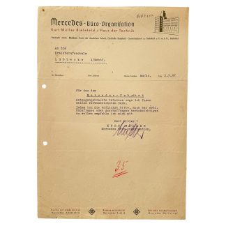 Original 1937 German document Mercedes-Büro-Organisation in Bielefeld