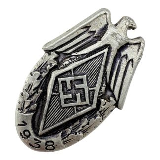 Original 1938 German Hitler Youth pin featuring HJ diamond emblem with oak leaves and eagle, marked by manufacturer on reverse; authentic WWII Hitlerjugend insignia in good condition, ideal collectible for Hitler Youth militaria and Third Reich badge collectors.