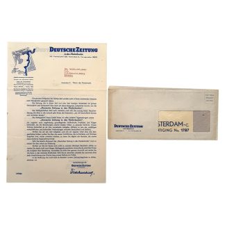 Original WWII Deutsche Zeitung in der Niederlanden propaganda flyer with envelope, rare German occupation collaboration document for WWII collectors.