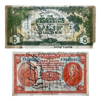 Original WWII Dutch-Indies banknotes with Allied soldiers autographs