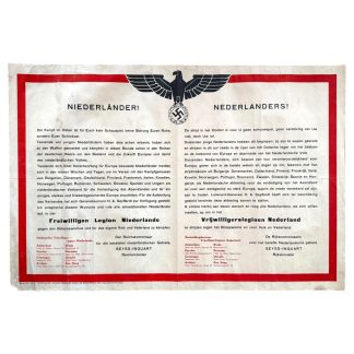 Originele Nederlandse Waffen-SS propagandaposter uit de Tweede Wereldoorlog, oproep voor Vrijwilligerslegioen Nederland, tweetalig Duits-Nederlands, Seyss-Inquart, Oostfront wervingsposter, groot formaat 89 x 60 cm, historische bezettingsdocumenten en collaboratieverzamelobject.