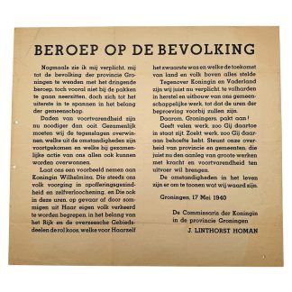 Nederlandse bekendmakingsposter uit Groningen van 17 mei 1940 met oproep van J. Linthorst Homan aan de bevolking om moed en voortvarendheid te tonen tijdens de meidagen van 1940.